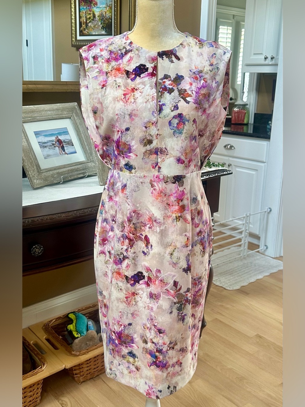 Black Halo Yoomi Watercolor Floral Cape Sleeve Sheath Dress